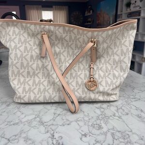 Michael Kors Cream Signature Tote with Blush Trim